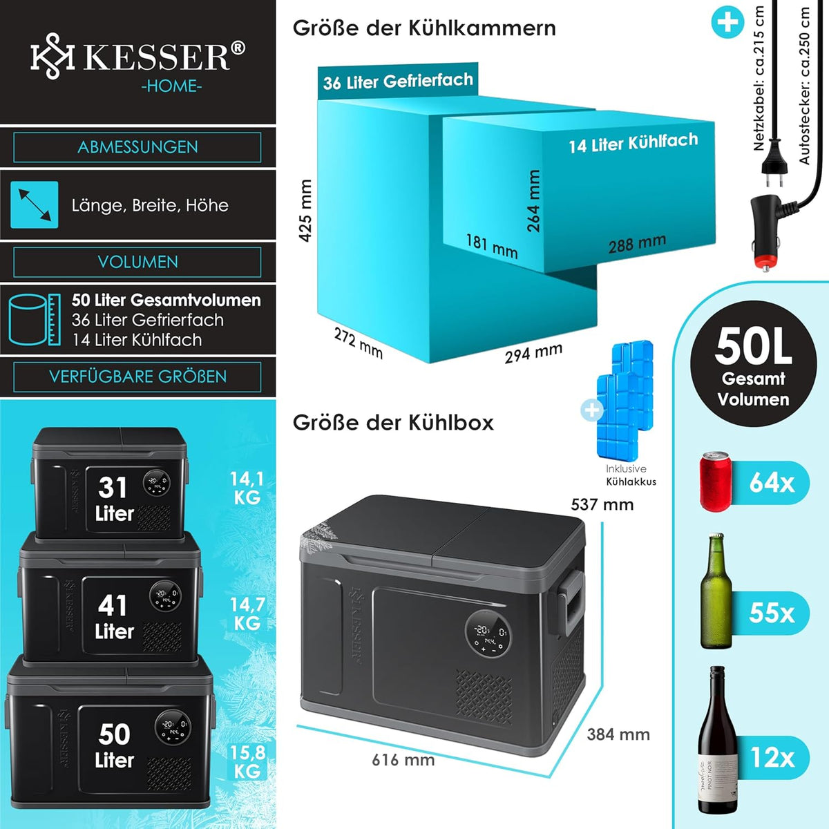 KESSER Nevera Portátil de Compresor Doble Zona hasta -20 °C con Pantalla Táctil, 12/24 V y 230 V