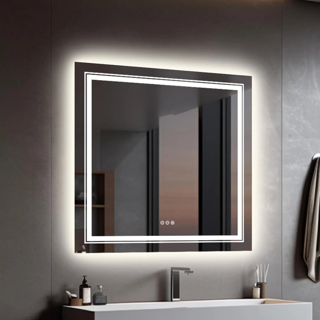 LUVODI Espejo de Baño LED 80 x 80 cm Antivaho con Doble Luz y Interruptor Táctil