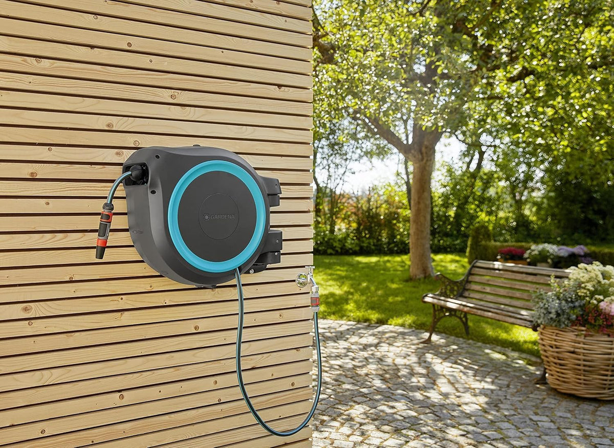 Gardena RollUp M/L Portamangueras de Pared con Manguera de 25 m, Giratorio, Turquesa