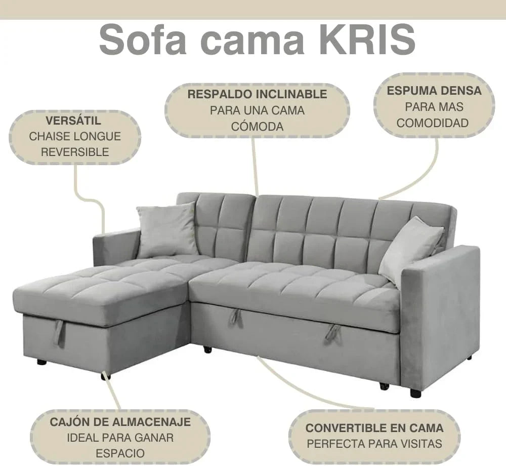 IBERA HOME Kris Sofá Cama Chaise Longue Reversible 210 x 145 cm con Arcón, Terciopelo Gris
