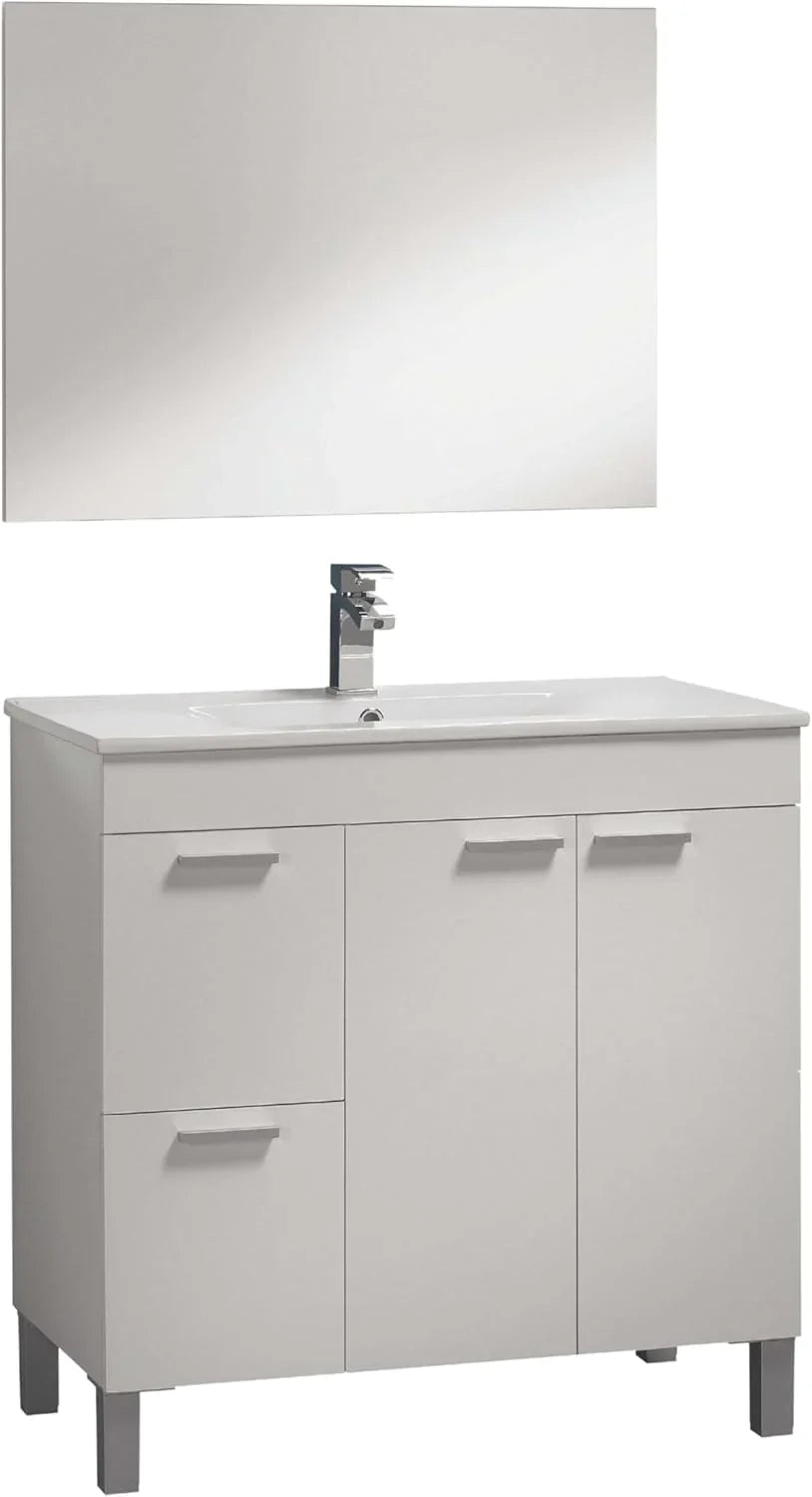 Mueble de Baño Sabela 80 cm Blanco Brillo con Lavabo PMMA, Espejo, 2 Cajones y 2 Puertas