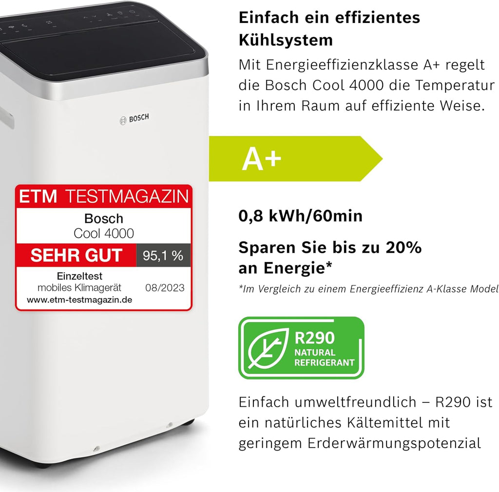 Bosch Cool Aire Acondicionado Portátil 3 en 1 con Modos Auto, Silencio y Noche