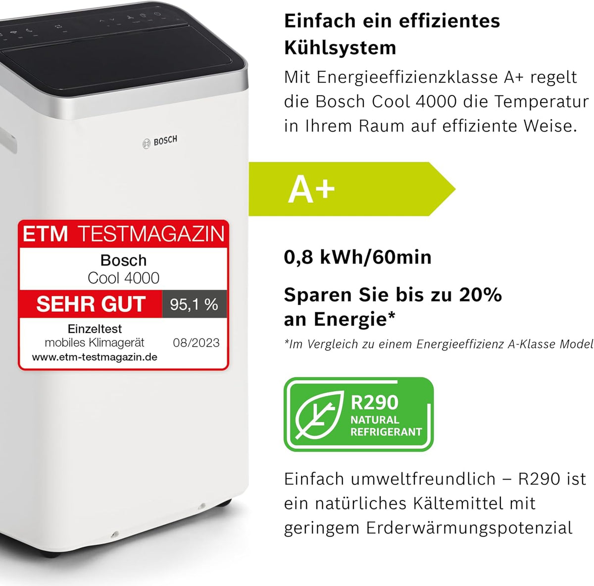 Bosch Cool Aire Acondicionado Portátil 3 en 1 con Modos Auto, Silencio y Noche