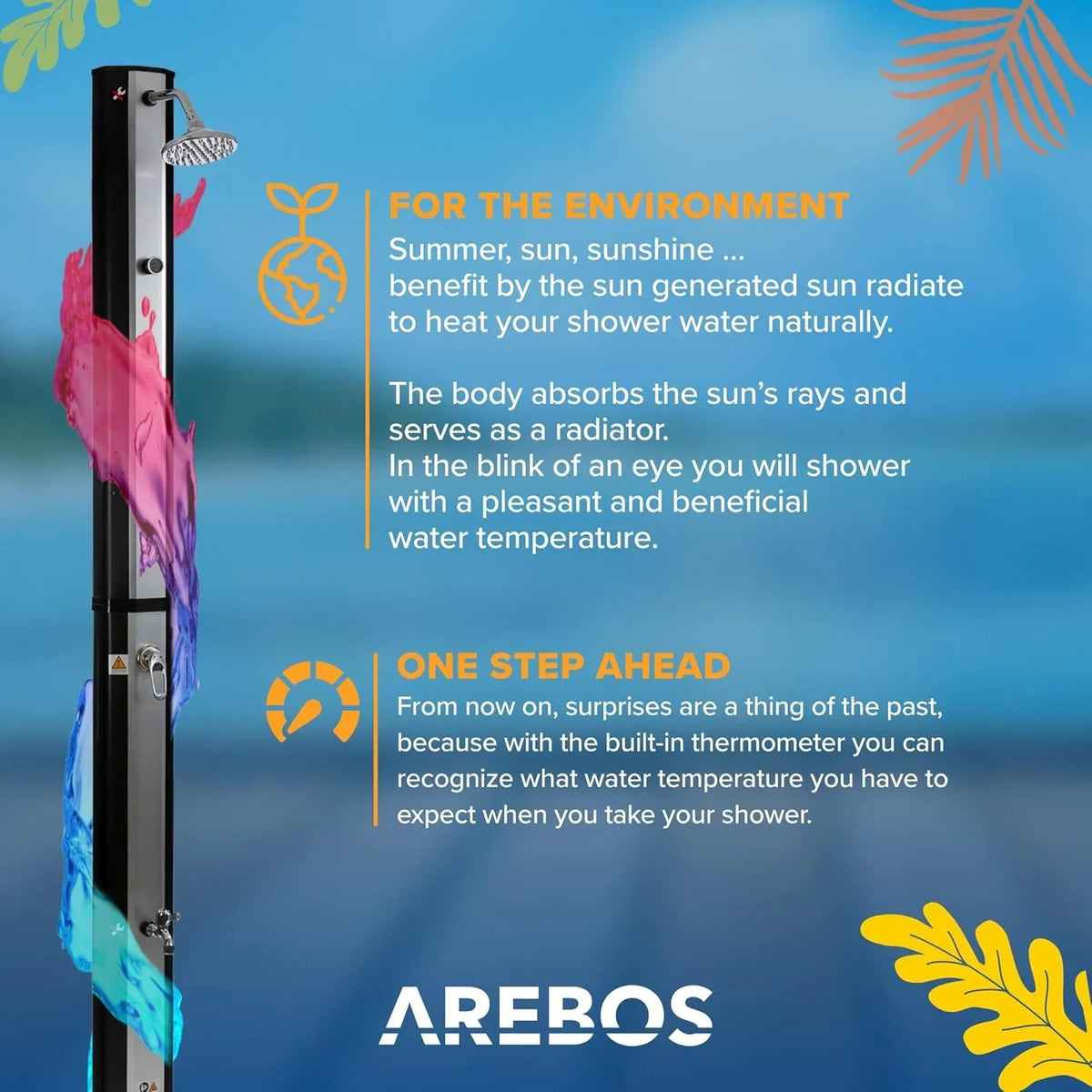 Arebos Ducha Solar 35 L de 216 cm con Termómetro y Lavapiés, Negra