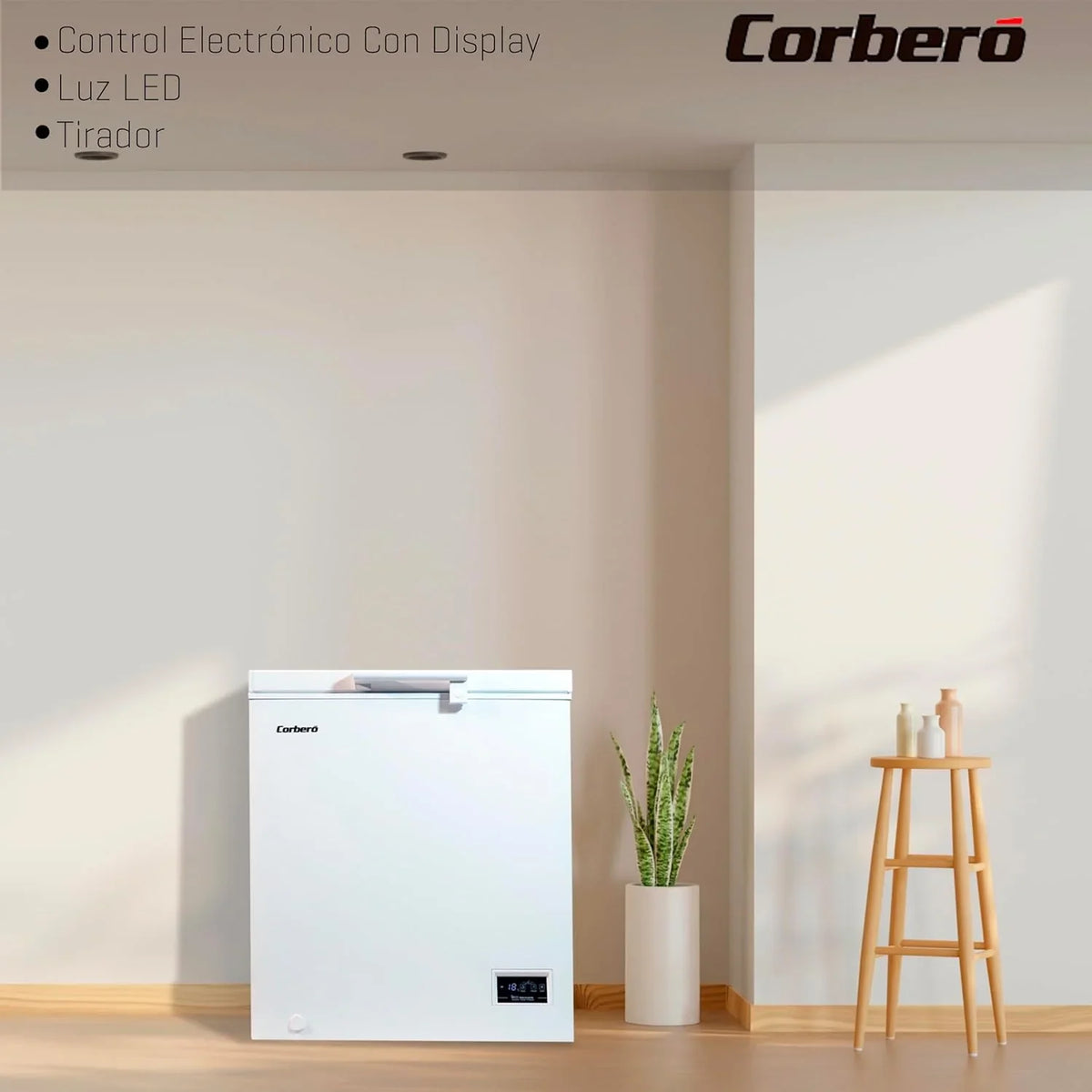 Corberó CCHH15024E Arcón Congelador 142 L con Display, Luz LED, Sistema Dual y Ruedas, Blanco