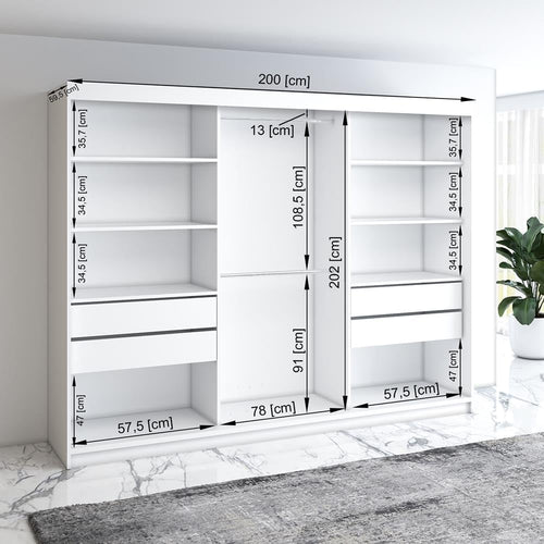 A&J MöbelLand VILUNO 2 Armario de Puertas Correderas 200 cm con Espejo y 4 Cajones, Negro