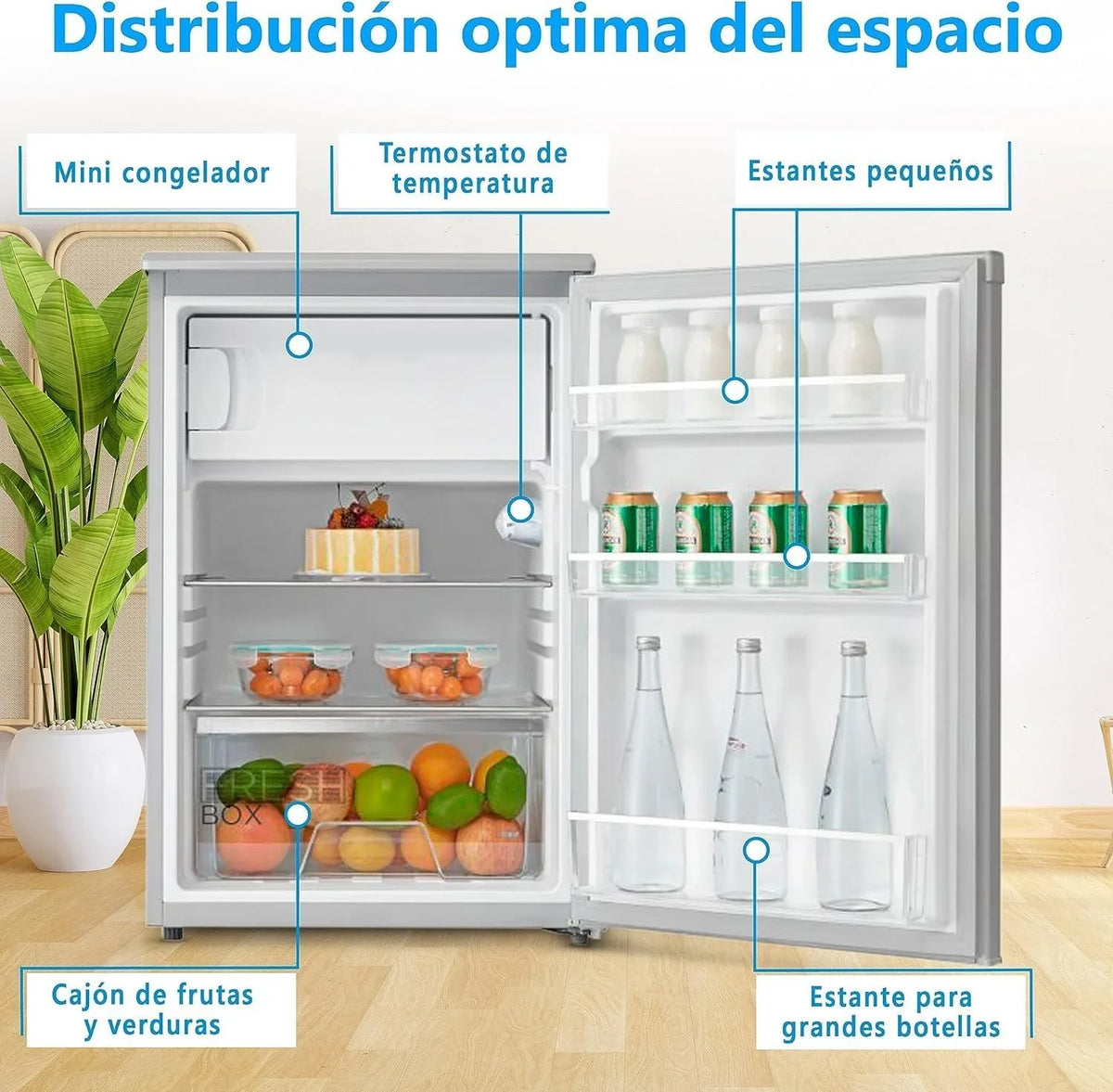 Midea MDRD168FGE01 Mini Frigorífico 113 L con Congelador, Bajo Encimera, Silencioso 39 dB, Blanco