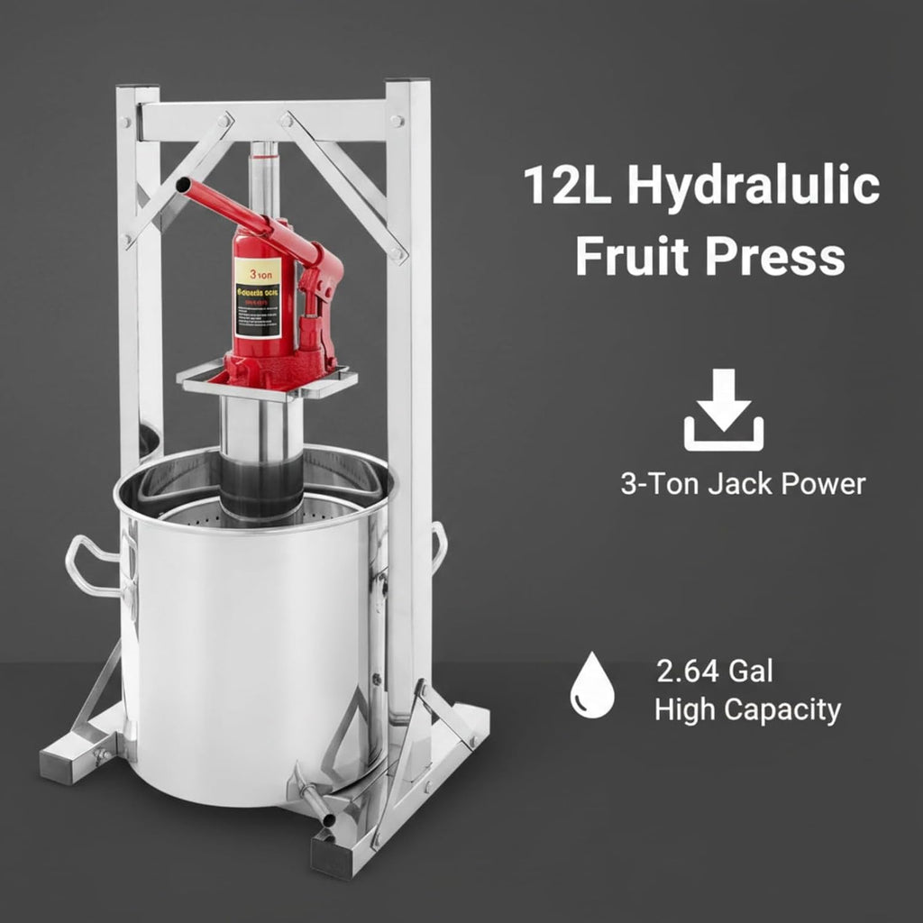 Prensa de Frutas Hidráulica 12 L de Acero Inoxidable 304 con Gato de 3 Toneladas