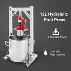 Prensa de Frutas Hidráulica 12 L de Acero Inoxidable 304 con Gato de 3 Toneladas