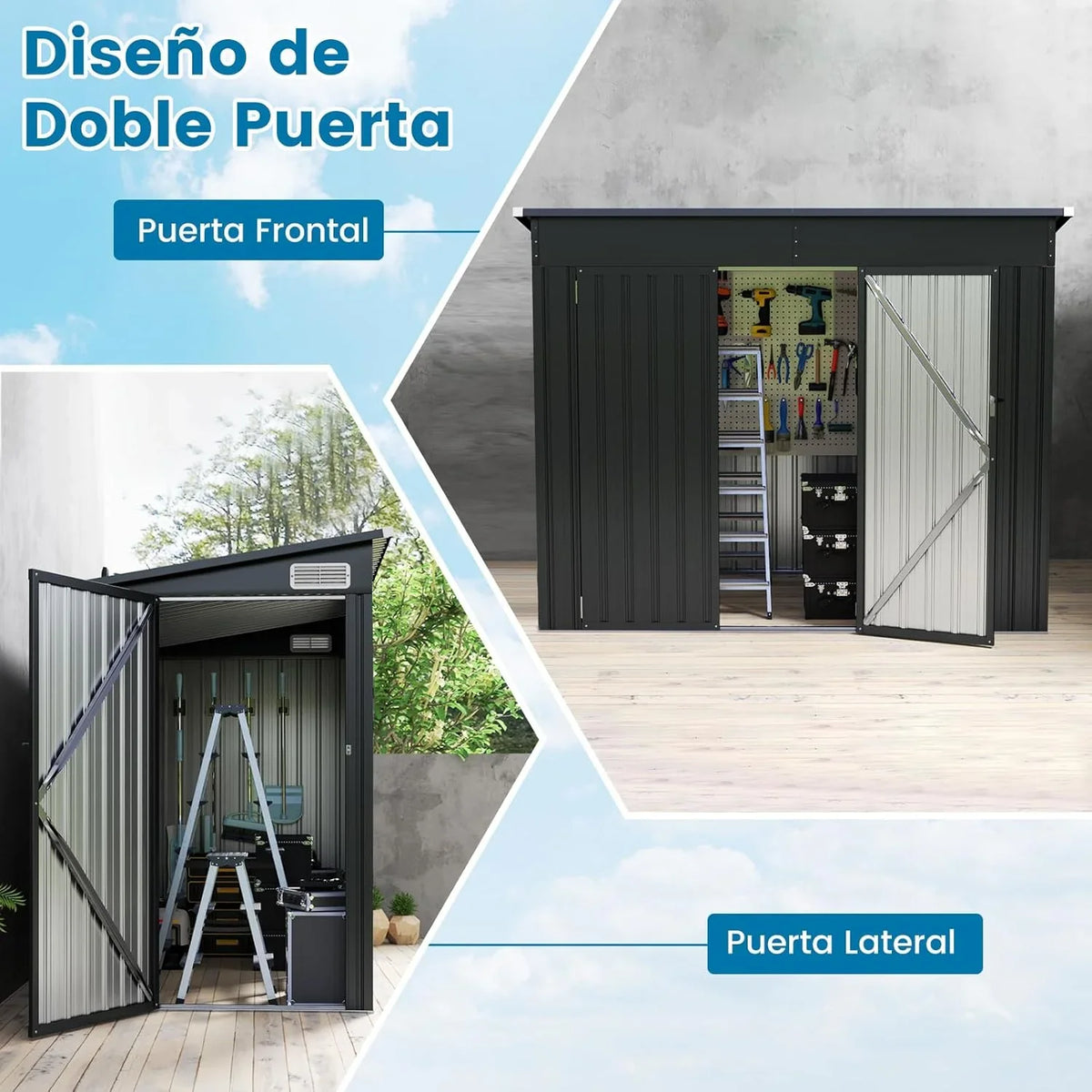 COSTWAY Caseta de Jardín Metálica 235 x 117 x 185 cm con 2 Puertas y Techo Inclinado, Gris
