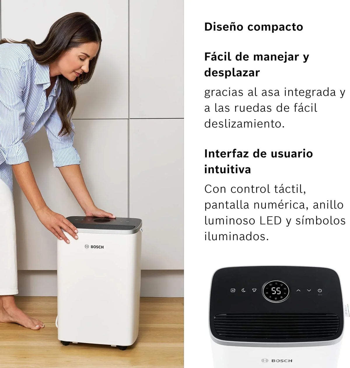Bosch Dry 4000 Deshumidificador Silencioso 16 L/día hasta 33 m², Depósito 2,5 L, Modo Ropa