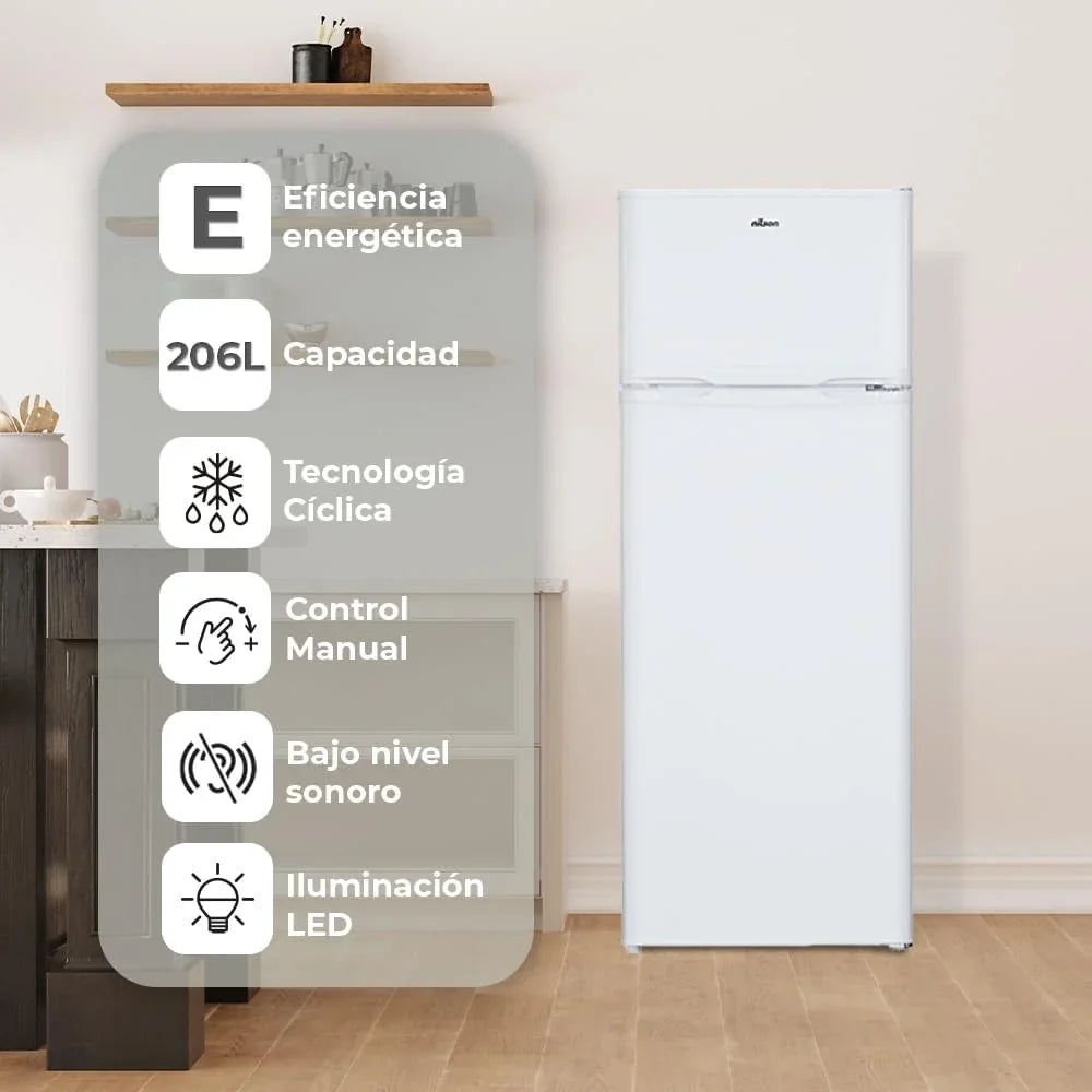NILSON NF145500E Frigorífico 2 Puertas 206 L, 143 cm, Silencioso 40 dB, Blanco, Clase E