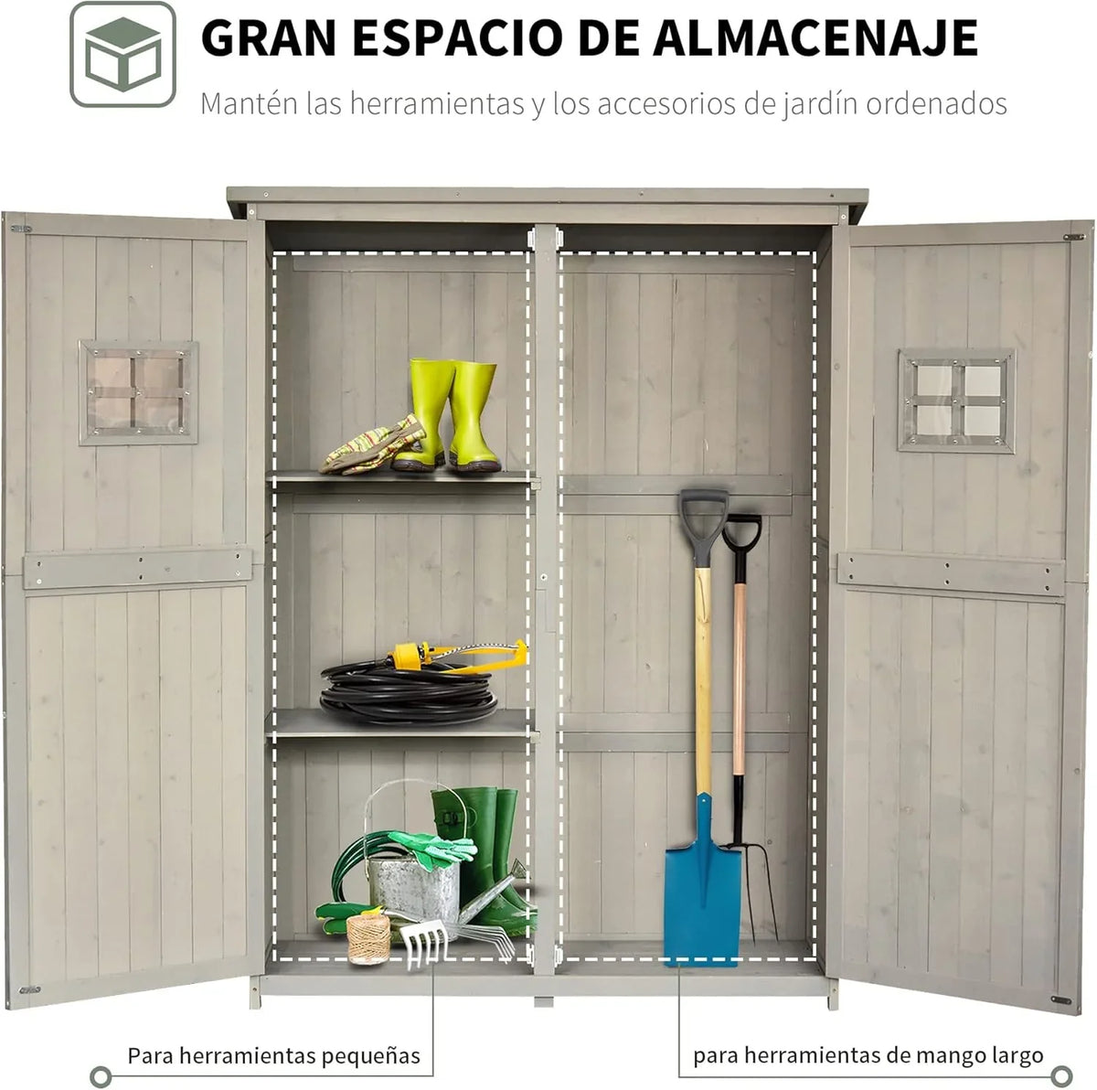 Outsunny Armario de Jardín de Madera Maciza 127,5 x 50 x 164 cm con Doble Puerta y Techo Impermeable
