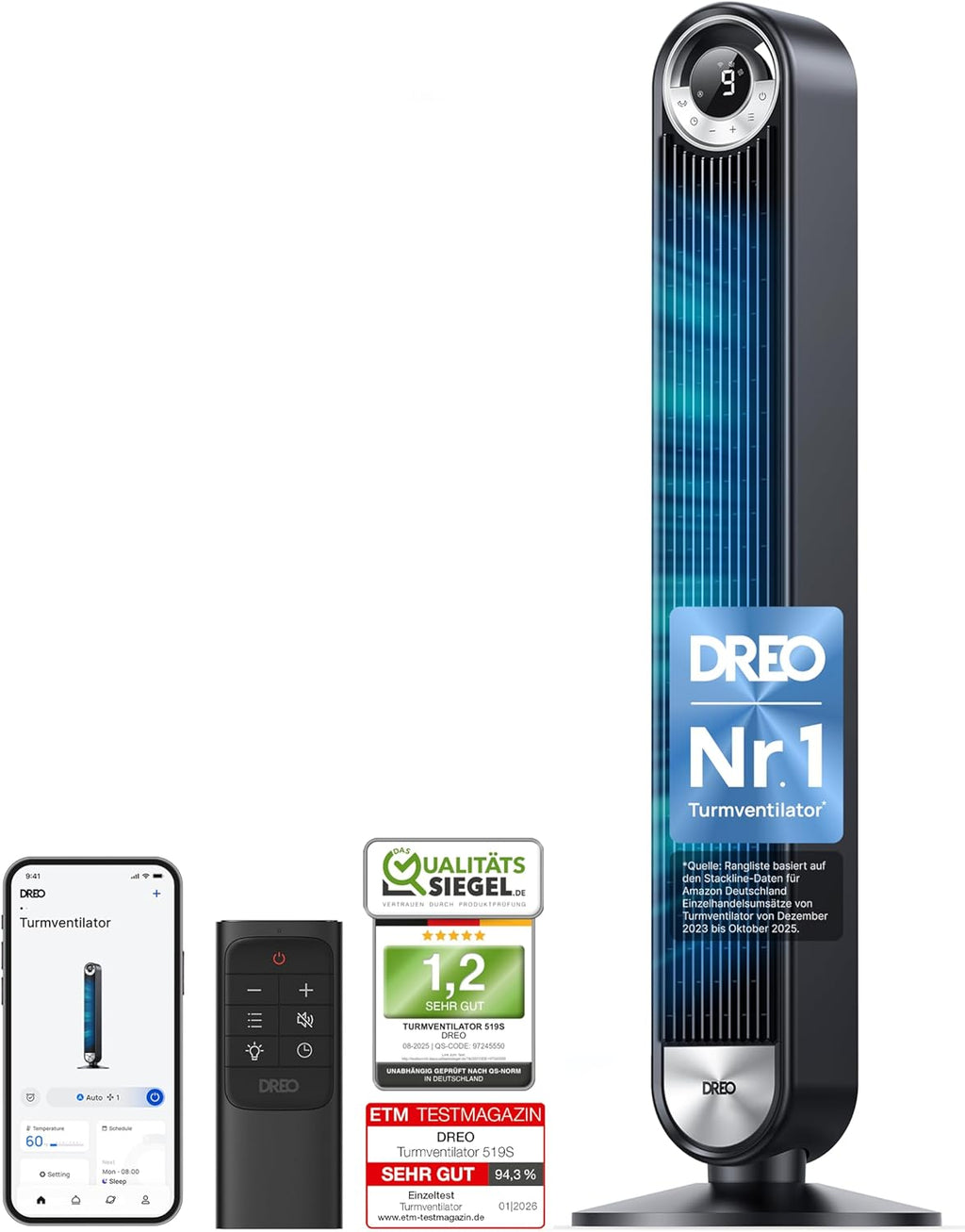 DREO Cruiser Pro T2S Ventilador de Torre Inteligente 106 cm, 25 dB, 9 Velocidades, Control por Voz