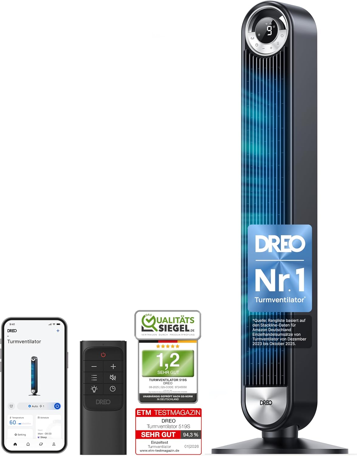 DREO Cruiser Pro T2S Ventilador de Torre Inteligente 106 cm, 25 dB, 9 Velocidades, Control por Voz