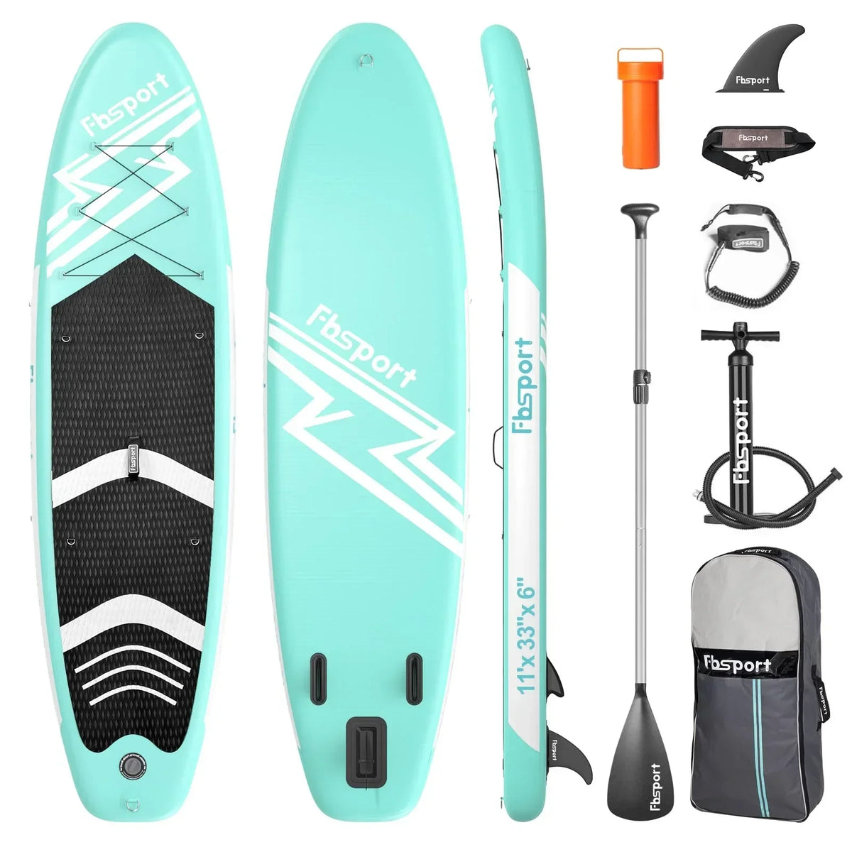 FBSPORT Tabla de Paddle Surf Hinchable 15 cm de Grosor con Remo de Aluminio y Bomba, Verde