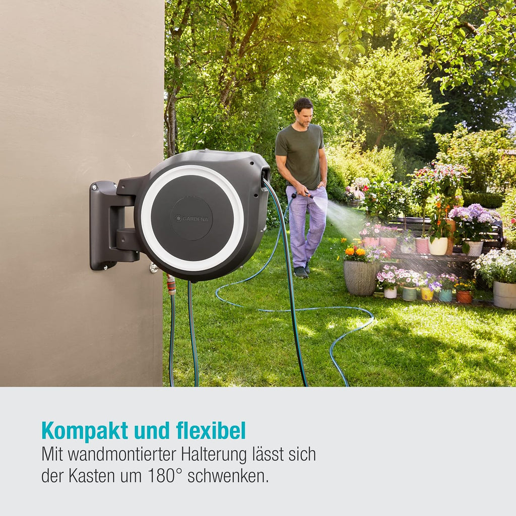 Gardena RollUp M/L Portamangueras de Pared con Manguera de 25 m, Blanco y Gris