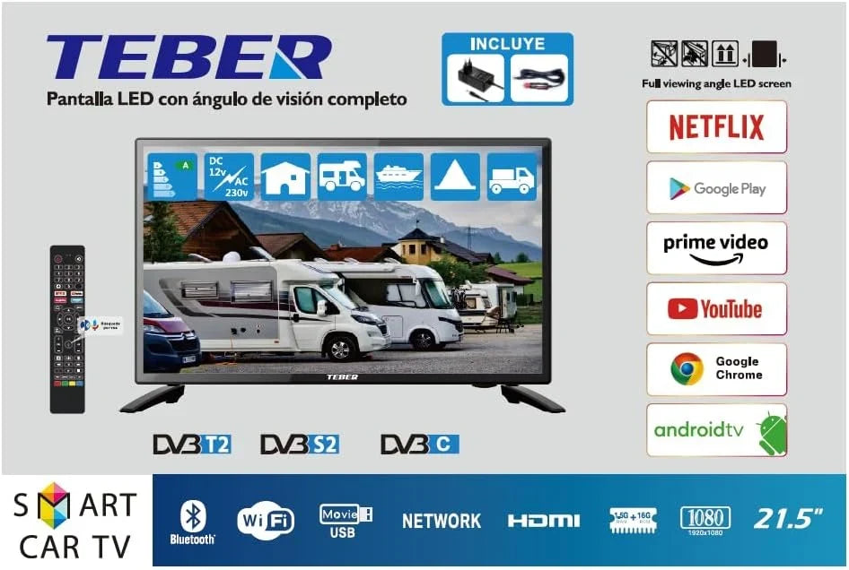 TEBER Smart TV 22" Full HD Android con Alimentación 12 V y 230 V para Autocaravanas, Caravanas y Barcos