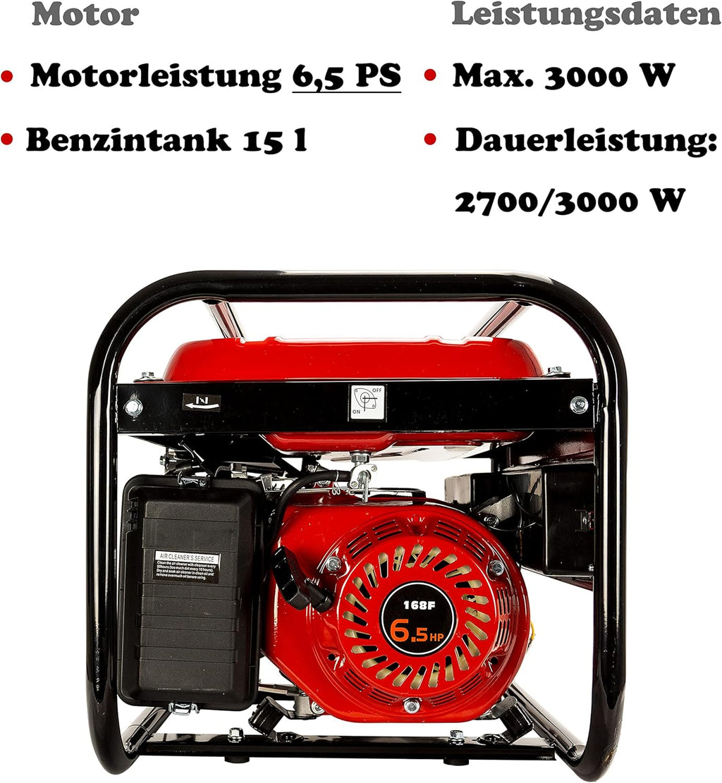 Generador Eléctrico de Gasolina 6,5 CV con 5 Tomas (3 x 230 V, 400 V y 12 V)