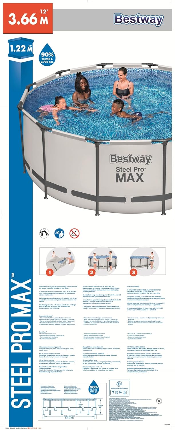 Bestway Steel Pro Max Piscina Desmontable 366 x 122 cm con Depuradora y Escalera