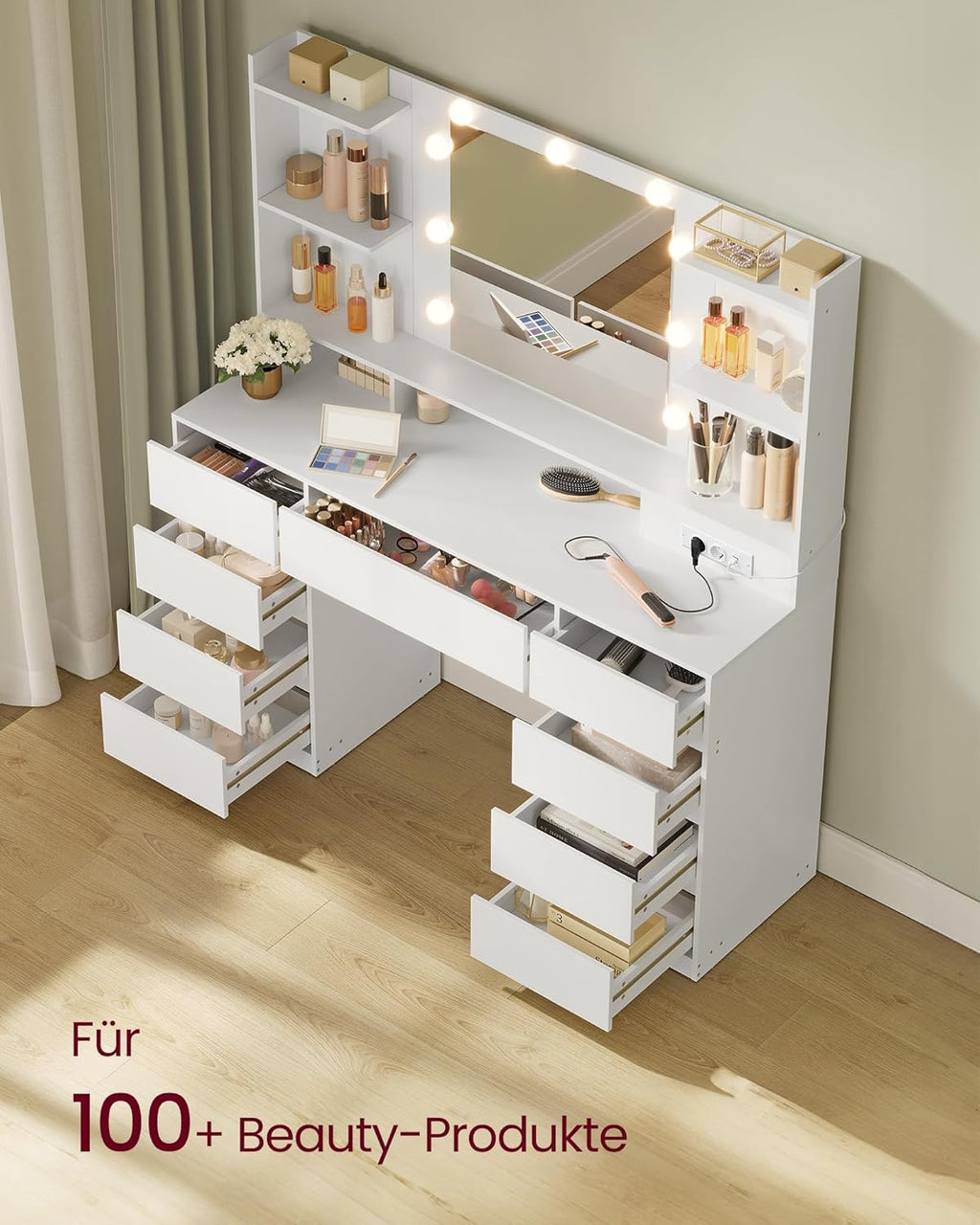 VASAGLE Kailyn Tocador con Espejo LED, 9 Cajones, Regleta de Enchufes y USB, Blanco Nube