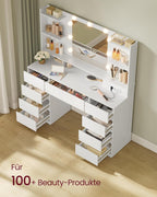 VASAGLE Kailyn Tocador con Espejo LED, 9 Cajones, Regleta de Enchufes y USB, Blanco Nube