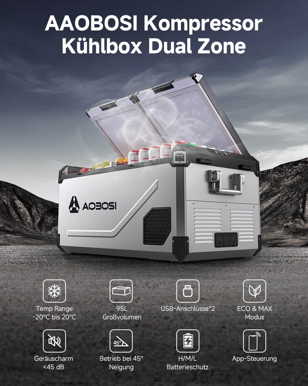 AAOBOSI Nevera de Compresor 95 L Doble Zona hasta -20 °C, Acero Inoxidable, 12/24 V y 230 V