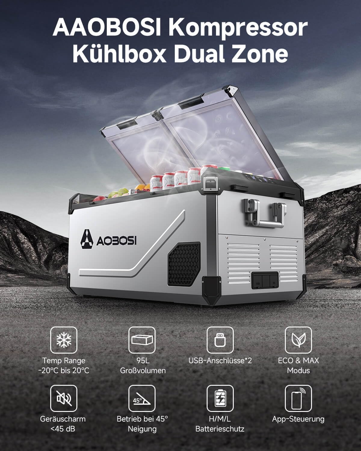 AAOBOSI Nevera de Compresor 95 L Doble Zona hasta -20 °C, Acero Inoxidable, 12/24 V y 230 V