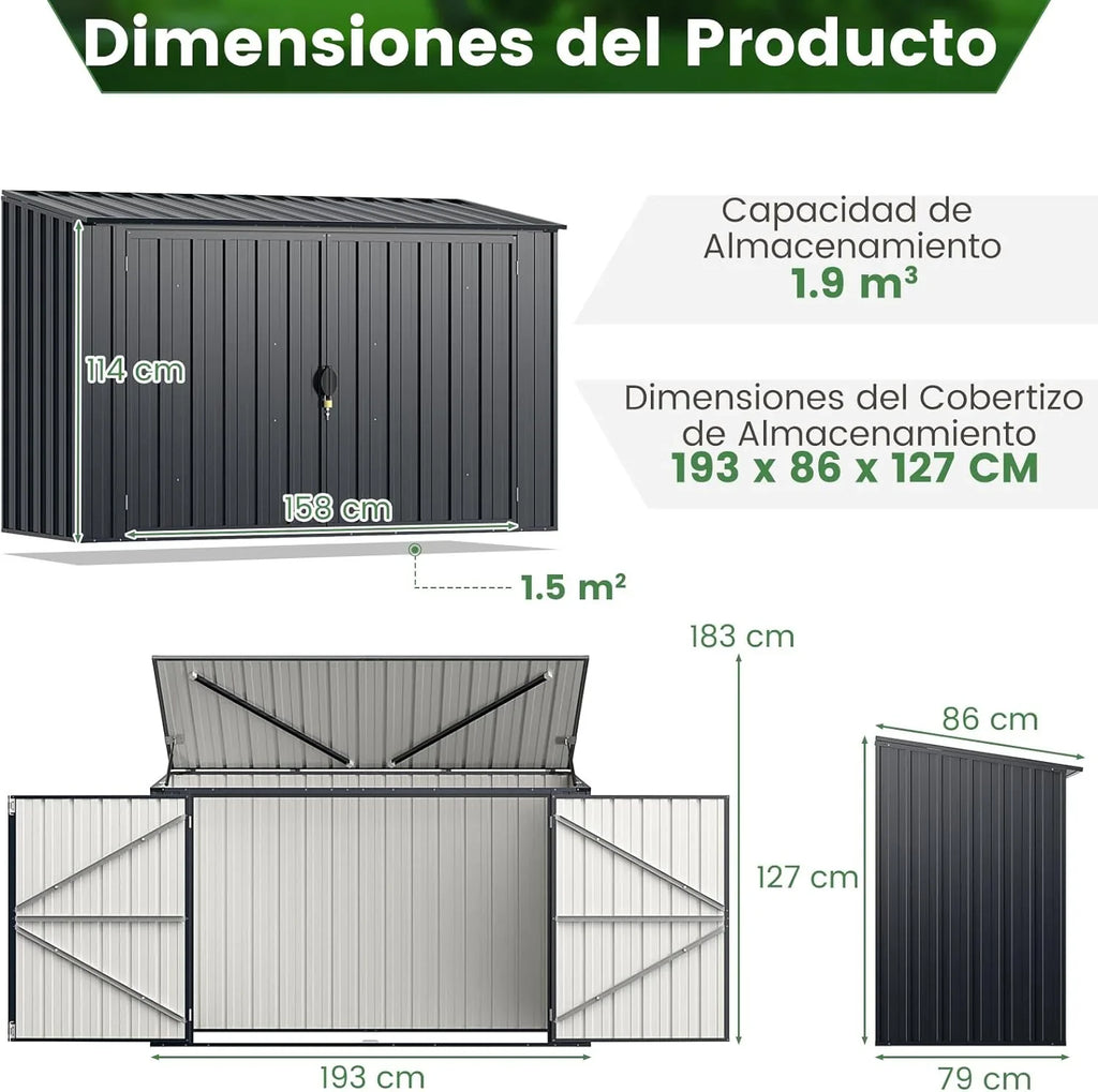 GOPLUS Caseta de Jardín de Acero Galvanizado 1,9 m³ 193 x 86 x 127 cm con Doble Puerta y Cerradura