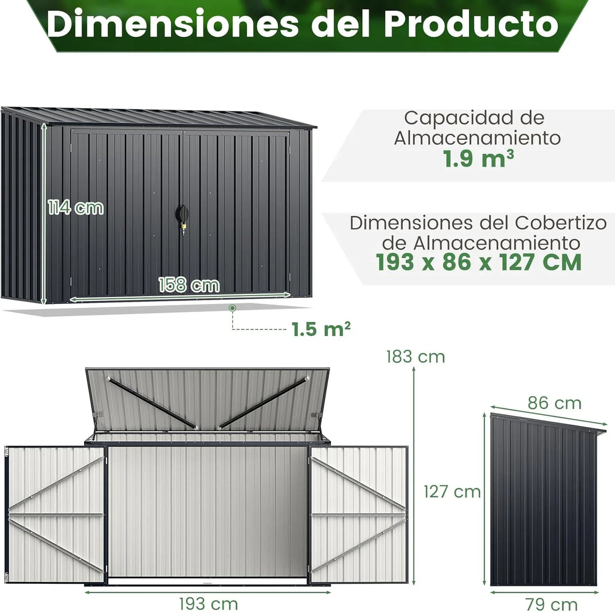 GOPLUS Caseta de Jardín de Acero Galvanizado 1,9 m³ 193 x 86 x 127 cm con Doble Puerta y Cerradura