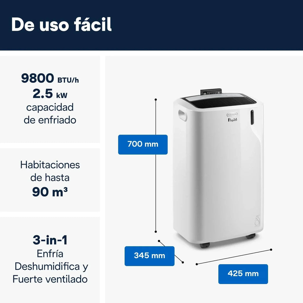 Pinguino PAC EM90K Silent Aire Acondicionado Portátil 9800 BTU/h, 2,5 kW, Deshumidificador y Ventilador