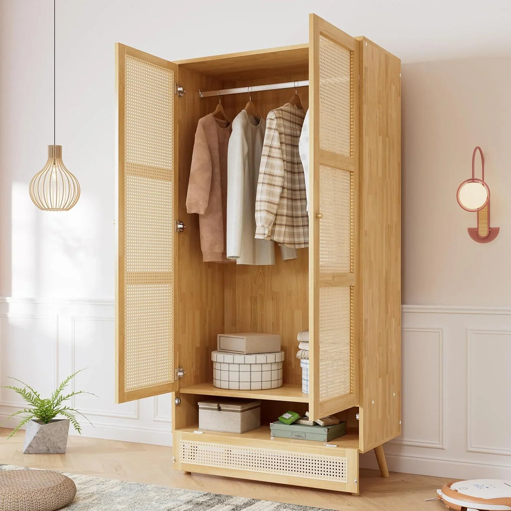 Soweiz Armario de 2 Puertas con Barra y Ratán PE, Natural, para Dormitorio o Salón