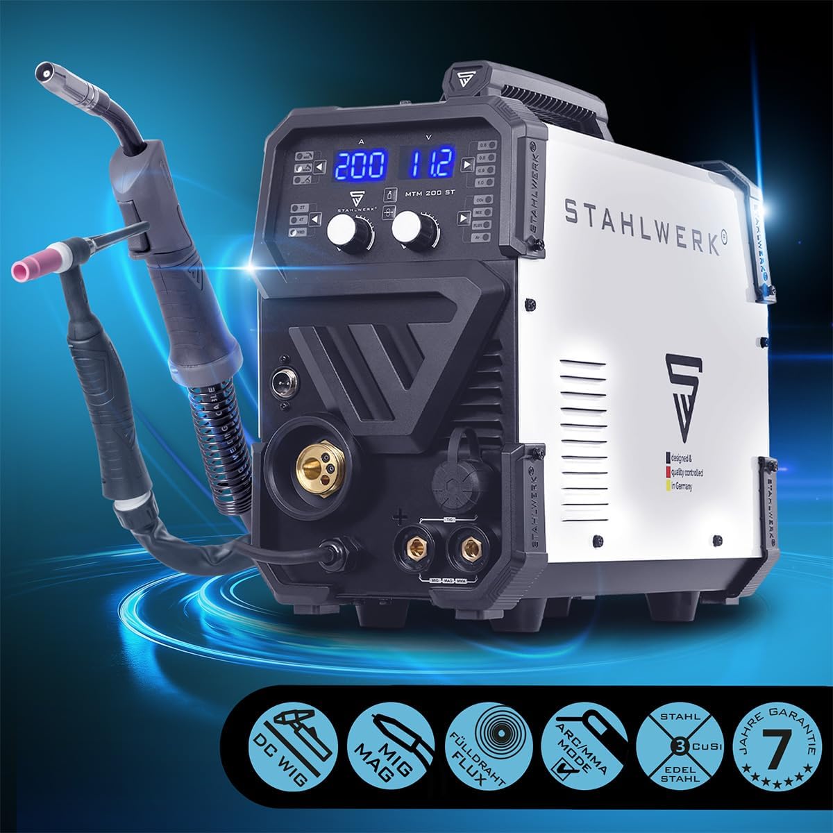 STAHLWERK MTM-200 ST Soldador 3 en 1 TIG, MIG/MAG y MMA hasta 200 A, Arrastre de 4 Rodillos
