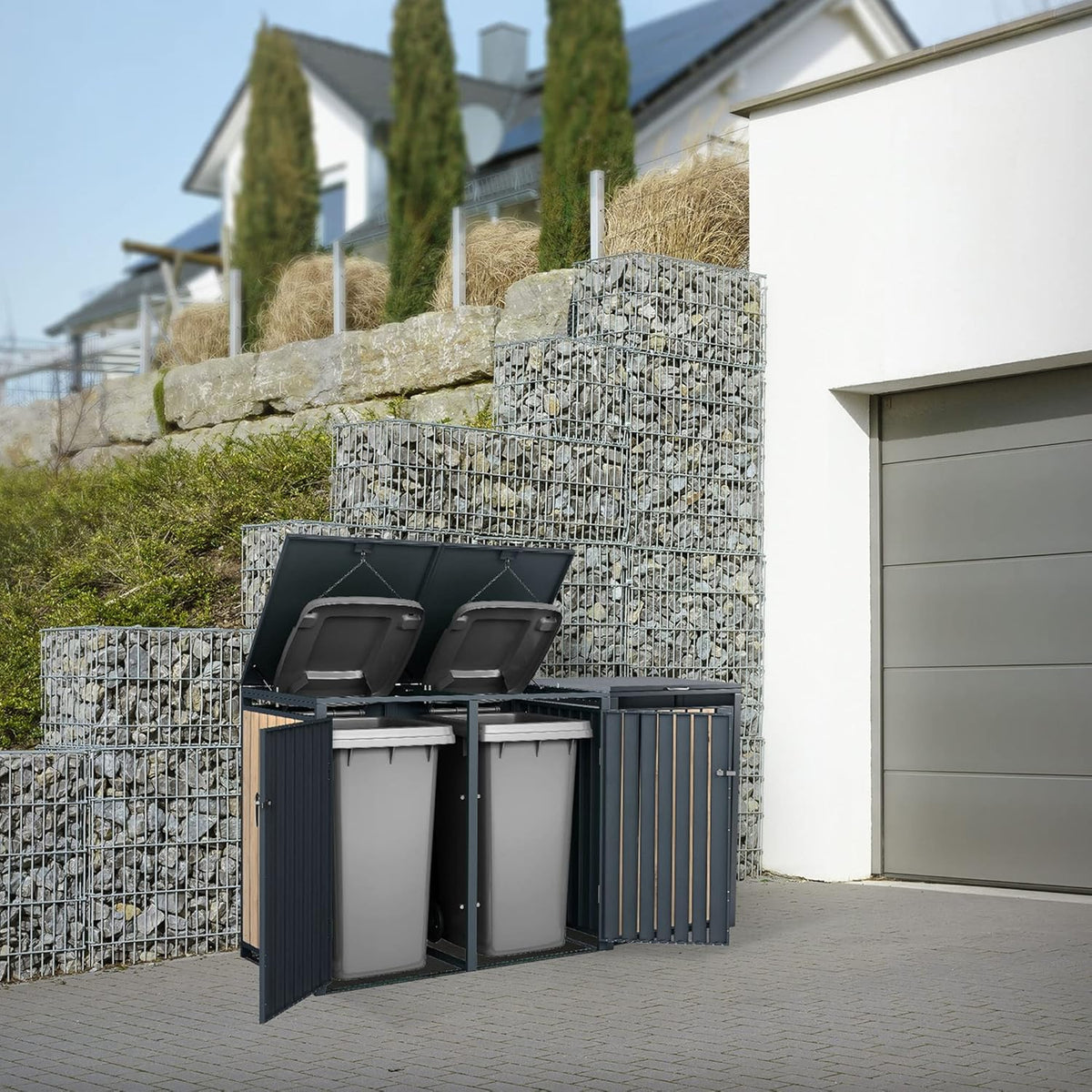 ML-Design Cubre Contenedores Triple 3 x 240 L en Acero, Antracita Efecto Madera, con Cerradura