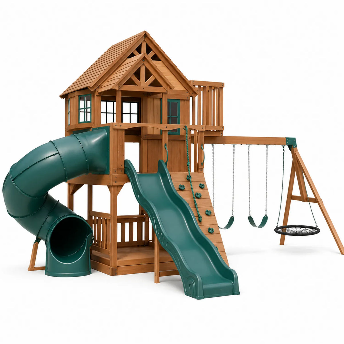 Parque Infantil de Madera con 2 Toboganes, 2 Columpios, Rocódromo y Túnel
