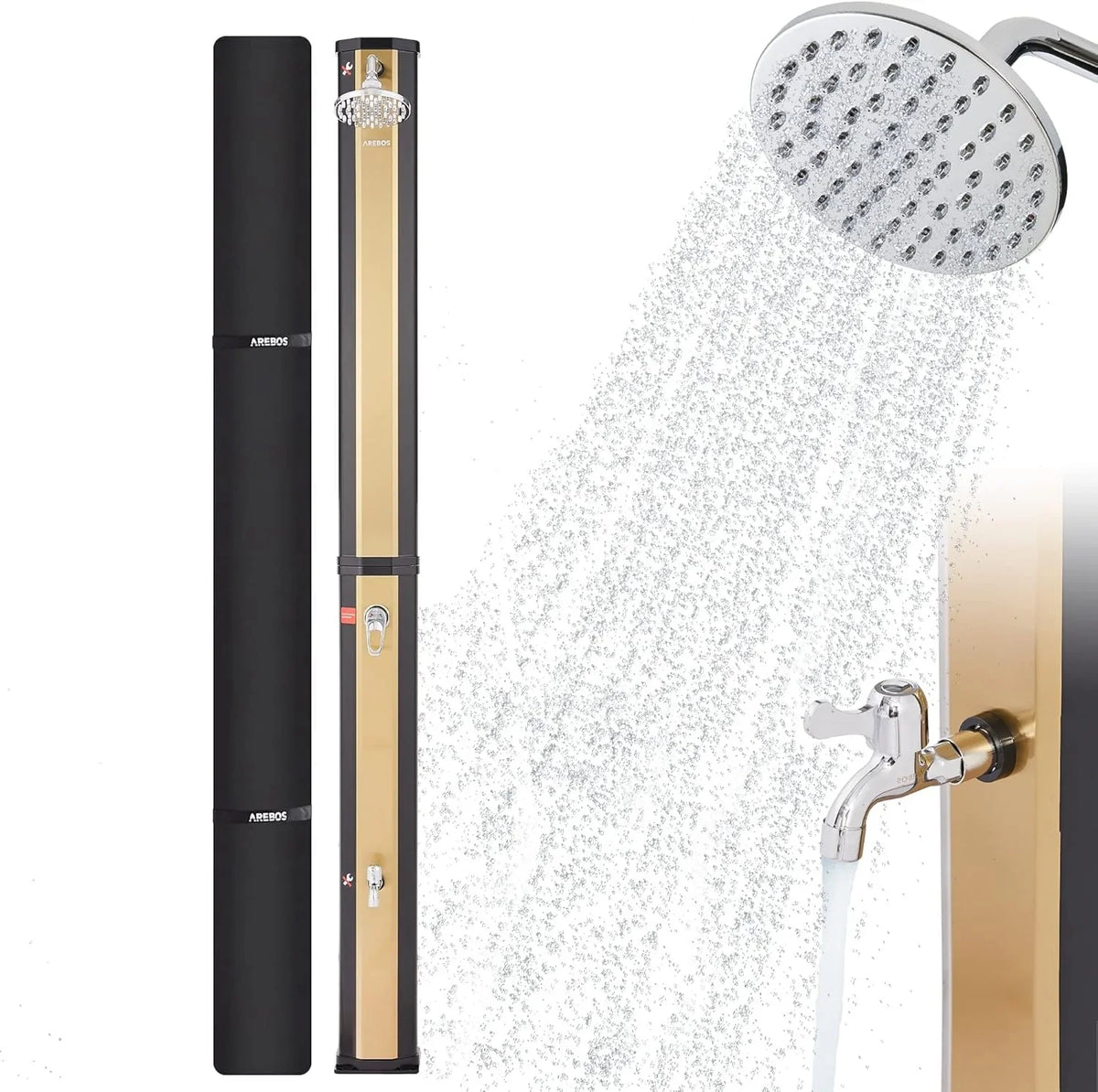 Arebos Ducha Solar 35 L de 216 cm con Termómetro y Lavapiés, Negra