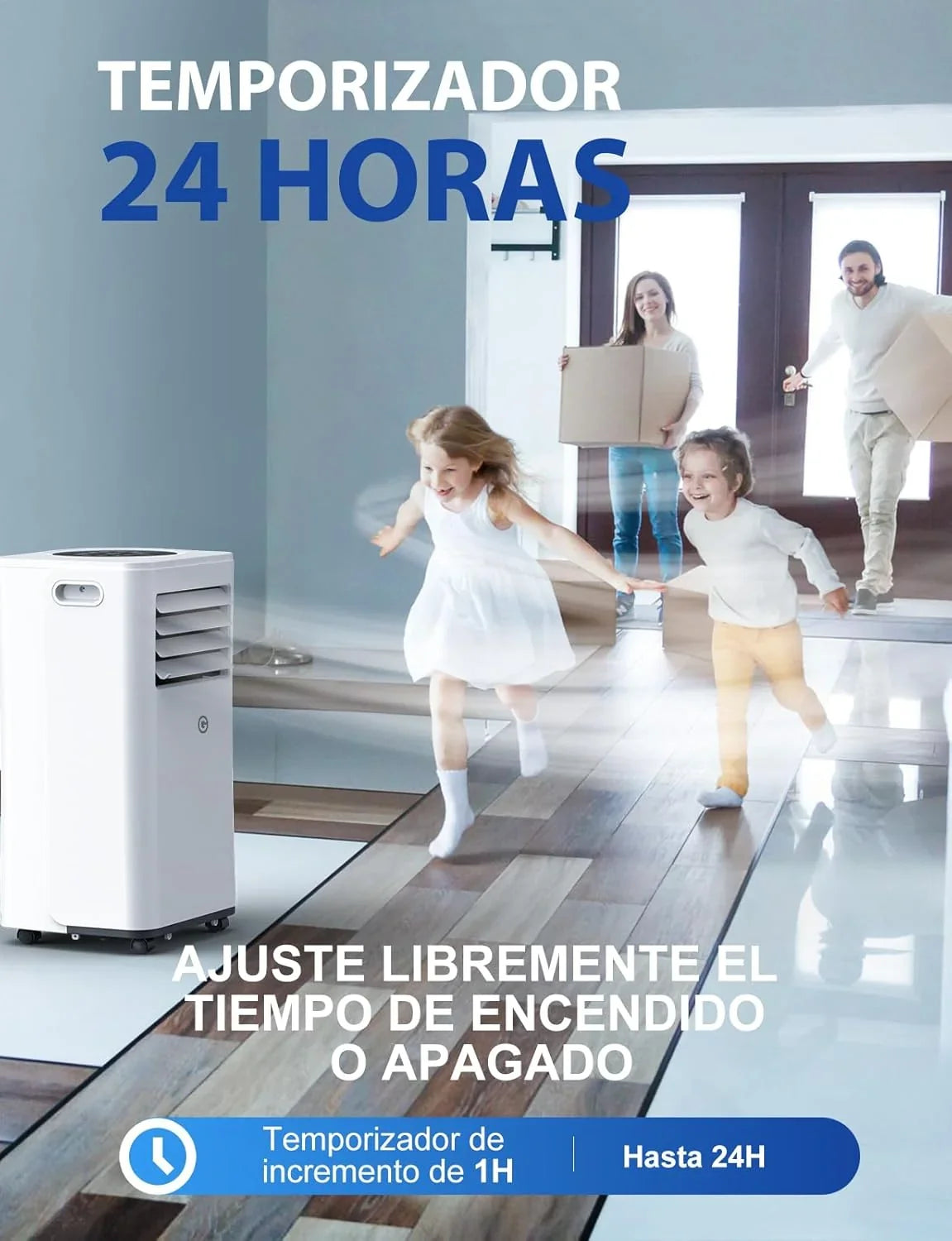 Aire Acondicionado Portátil 9000 BTU 4 en 1 con Mando, Temporizador 24 h y Kit de Ventana