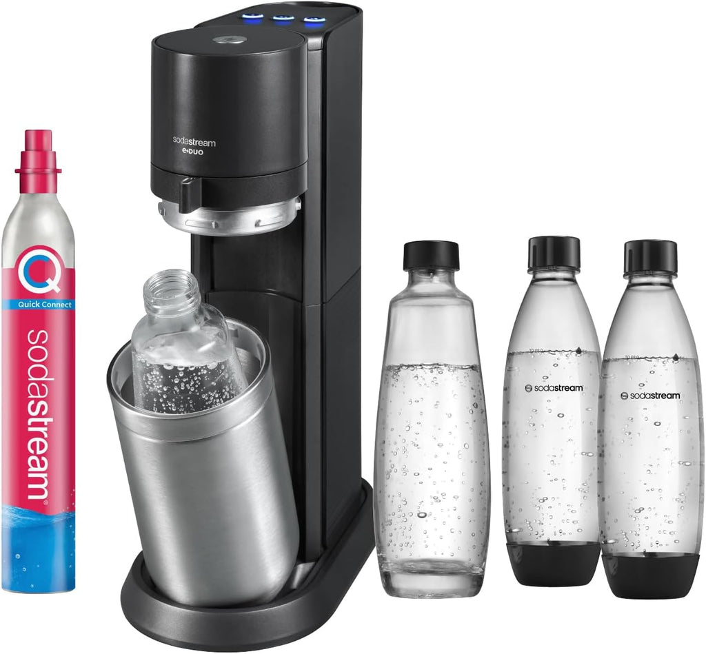 SodaStream E-DUO Máquina de Agua con Gas Eléctrica con Cilindro CO2 y 3 Botellas, Titanio