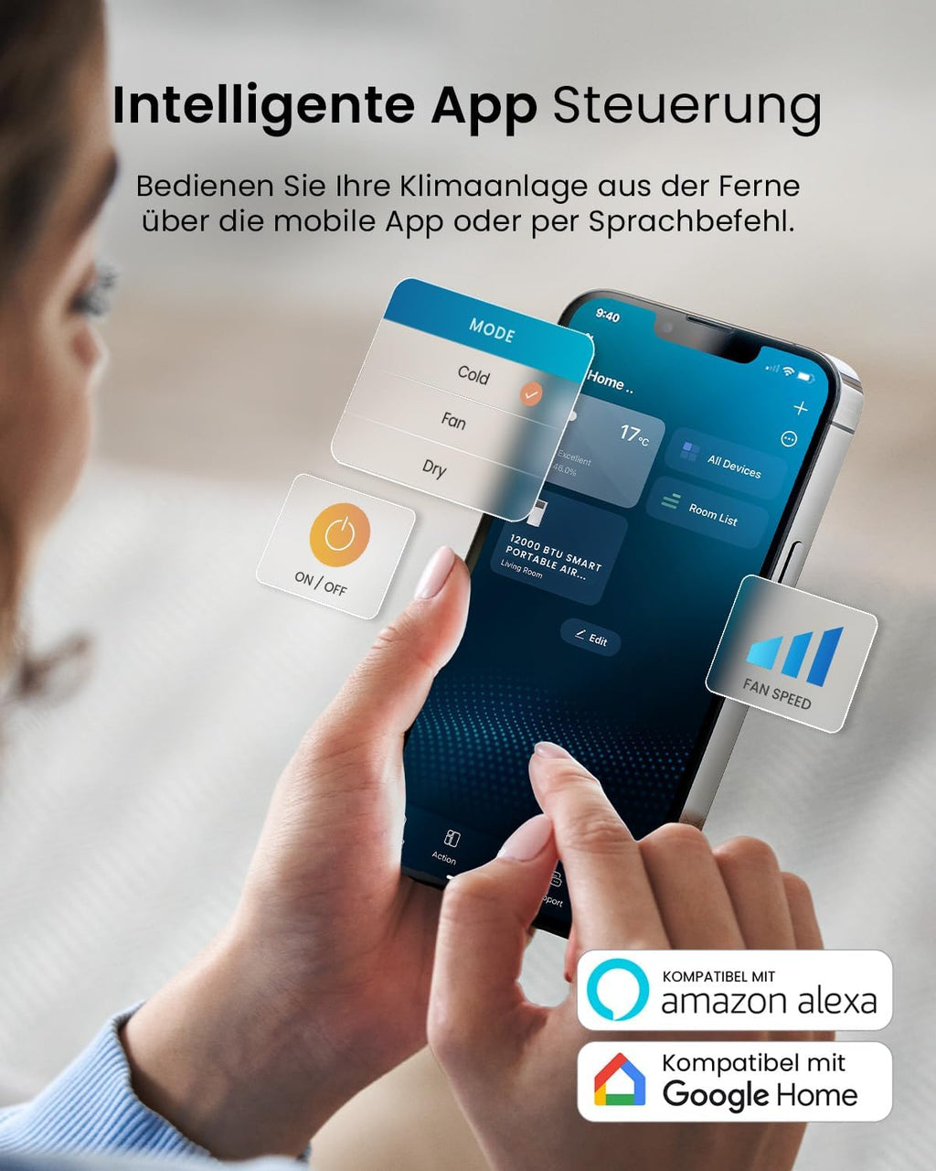 Pro Breeze Aire Acondicionado Portátil 12000 BTU hasta 50 m² con App, Clase A, R290