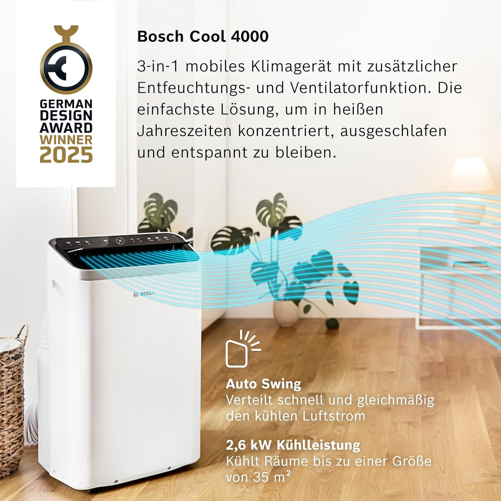 Bosch Cool Aire Acondicionado Portátil 3 en 1 con Modos Auto, Silencio y Noche
