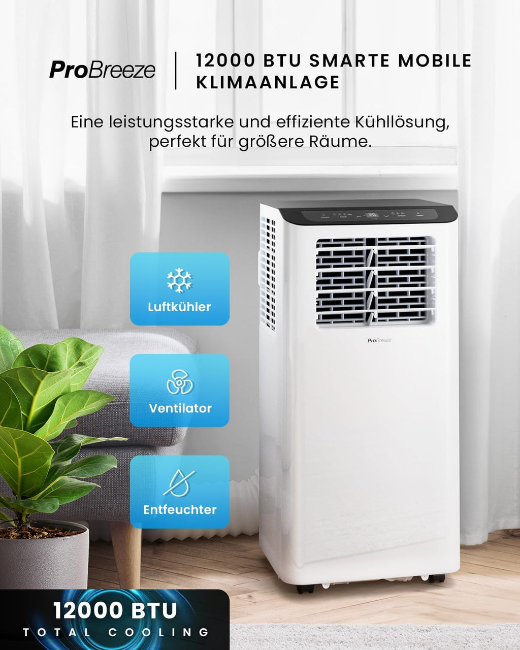 Pro Breeze Aire Acondicionado Portátil 12000 BTU hasta 50 m² con App, Clase A, R290