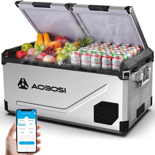 AAOBOSI Nevera de Compresor 95 L Doble Zona hasta -20 °C, Acero Inoxidable, 12/24 V y 230 V