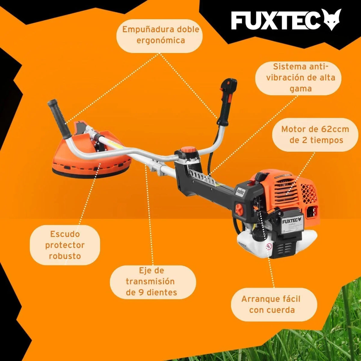 FUXTEC PS162 Desbrozadora de Gasolina 62 cc 3,5 CV 2 en 1 con Arnés y Antivibración