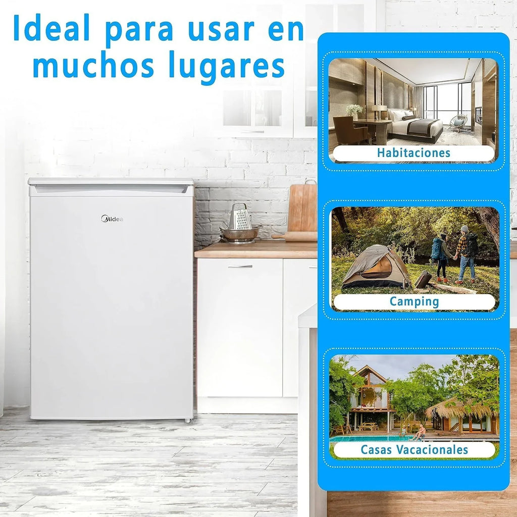 Midea MDRD168FGE01 Mini Frigorífico 113 L con Congelador, Bajo Encimera, Silencioso 39 dB, Blanco