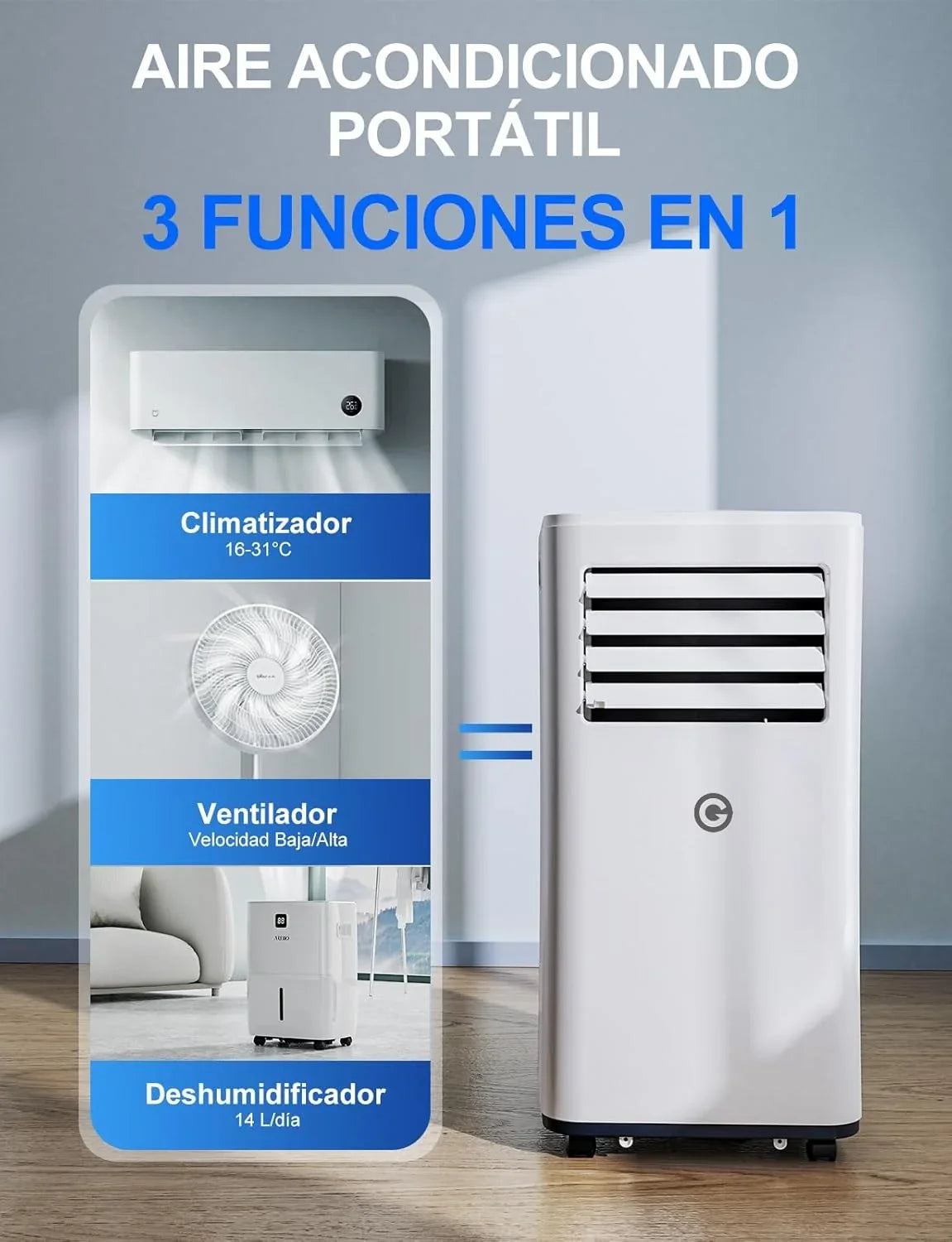 Aire Acondicionado Portátil 9000 BTU 4 en 1 con Mando, Temporizador 24 h y Kit de Ventana