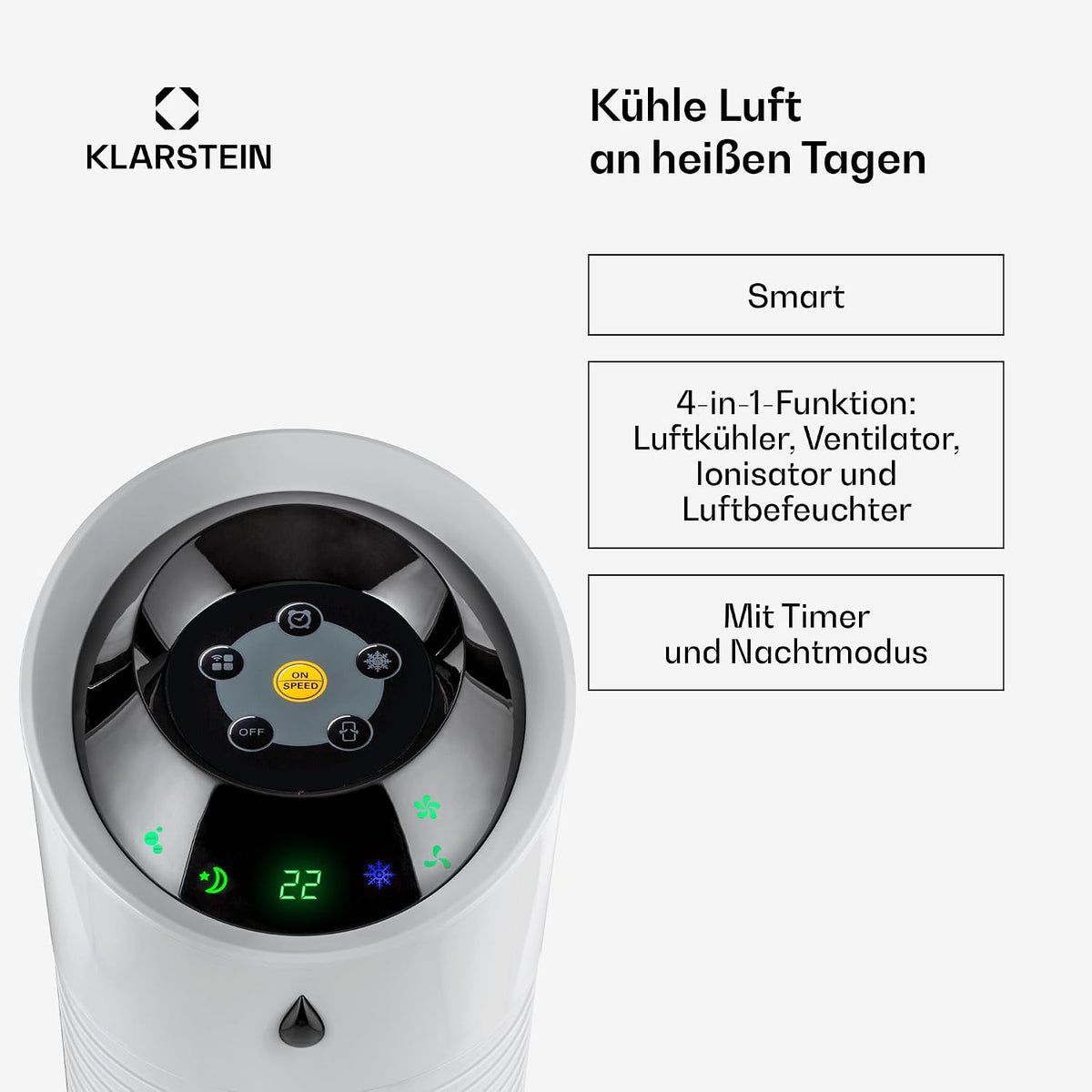 Klarstein Climatizador Evaporativo 4 en 1 con Humidificador e Ionizador, 6 L, 30 W, Plata
