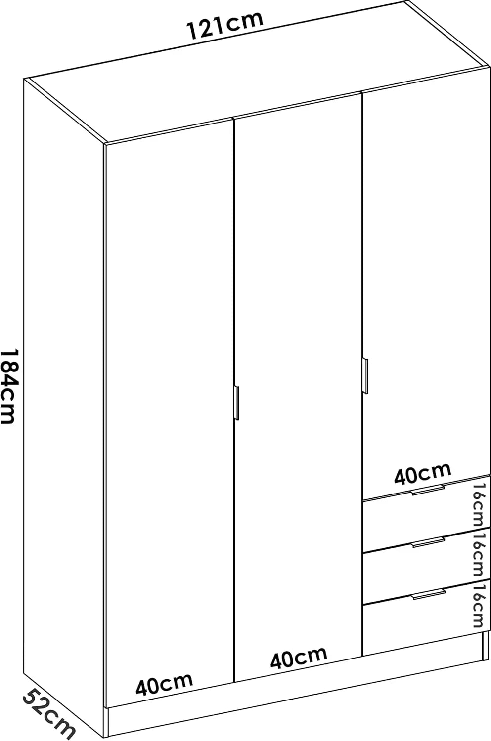 DEKIT Grupo Rimobel Armario Ropero 3 Puertas y 3 Cajones Blanco 121 x 184 x 52 cm