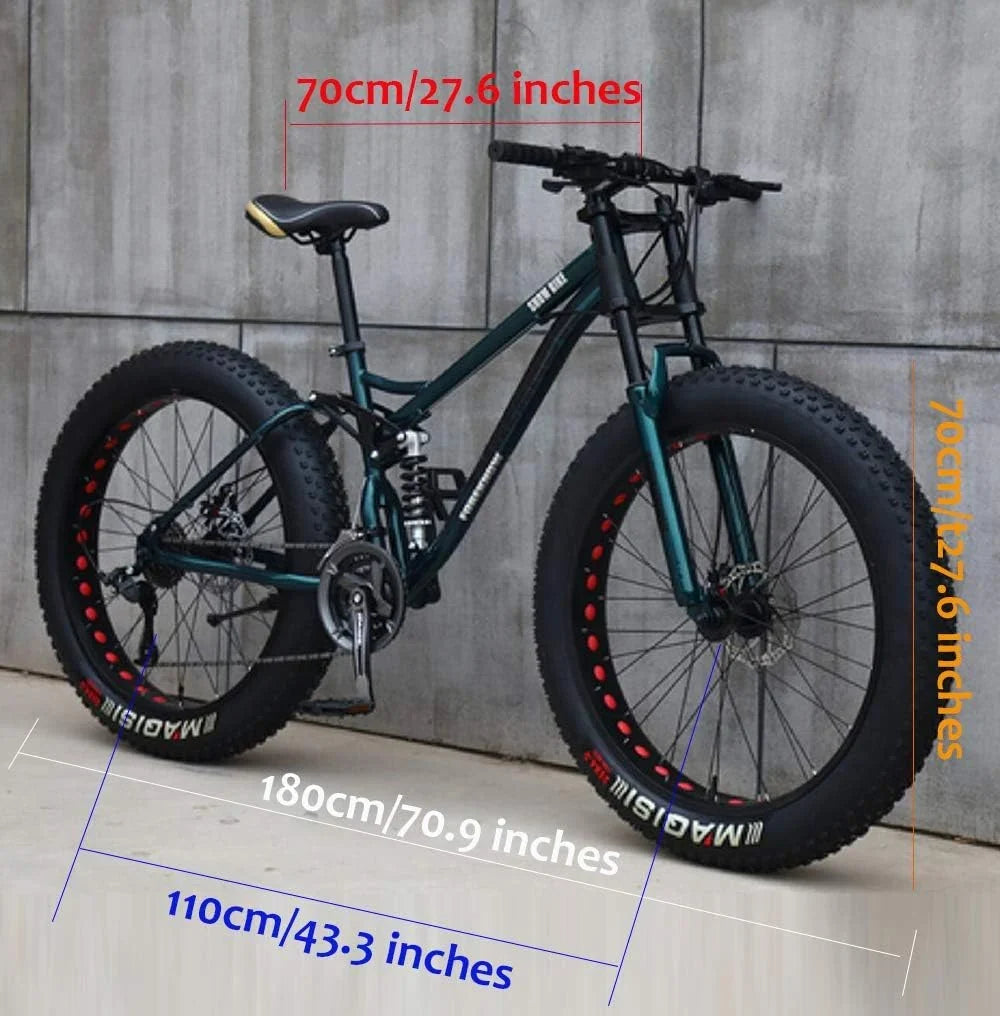 Bicicleta de Montaña Fat Tire 26" 21 Velocidades, Doble Suspensión y Doble Freno de Disco, Roja