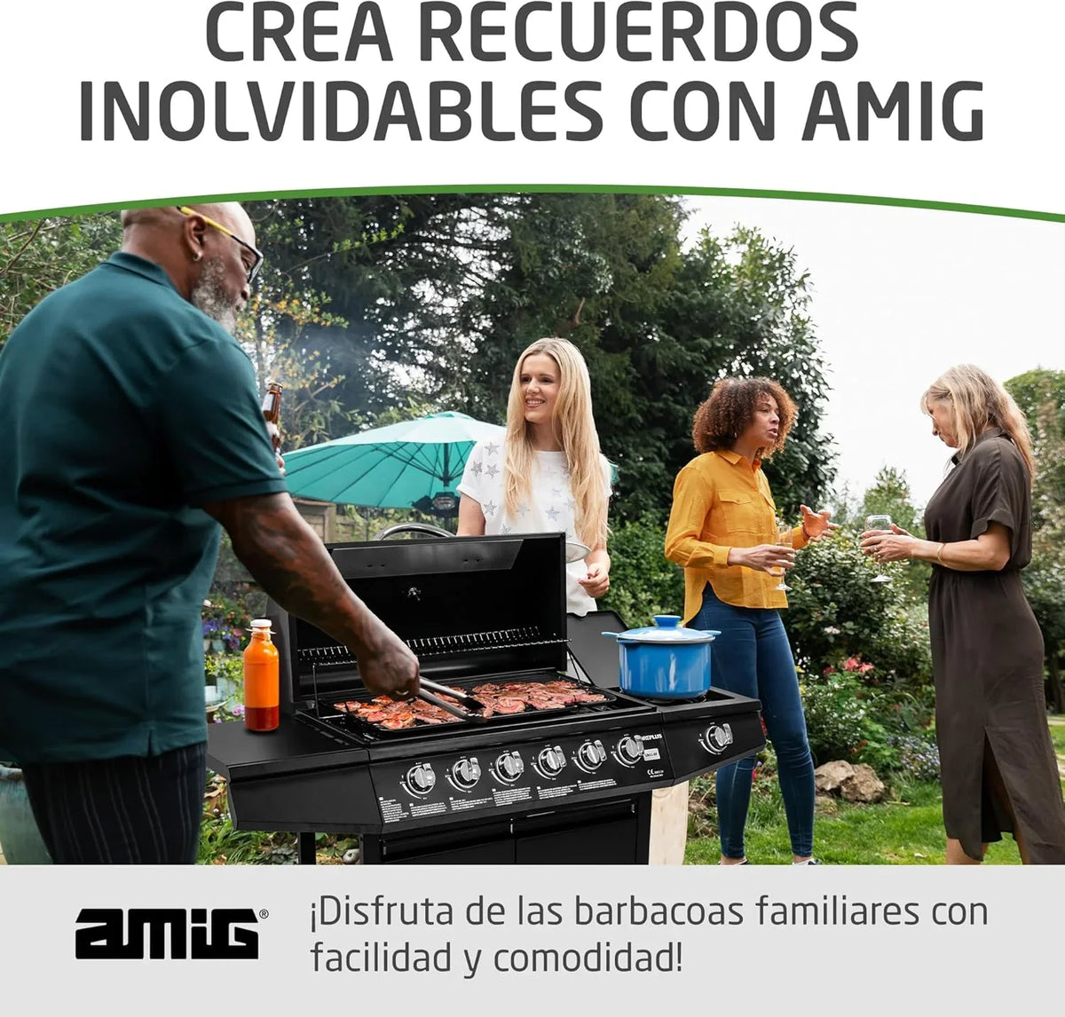 Amig Fireplus 6+1 Barbacoa de Gas 12,9 kW con 7 Quemadores, Carro y Termómetro, Inox Negro