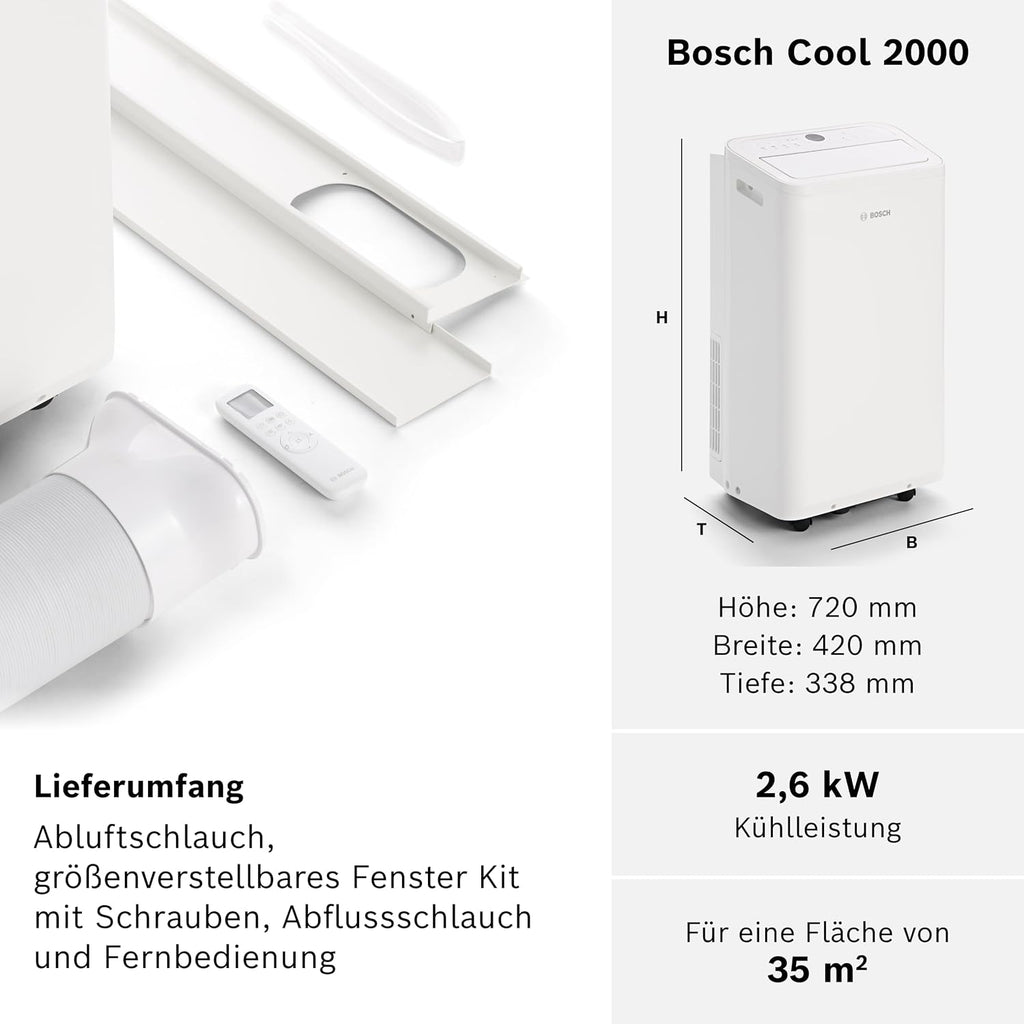 Bosch Cool Aire Acondicionado Portátil 3 en 1 con Modos Auto, Silencio y Noche